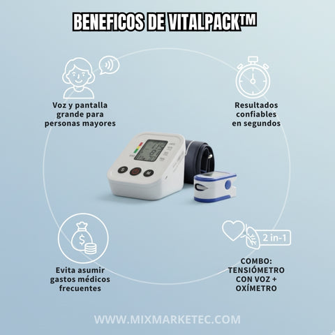 VitalPack™ Tensiómetro con voz y Oxímetro, Mide tu presión y oxígeno al instante🎁
