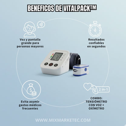 VitalPack™ Tensiómetro con voz y Oxímetro, Mide tu presión y oxígeno al instante🎁